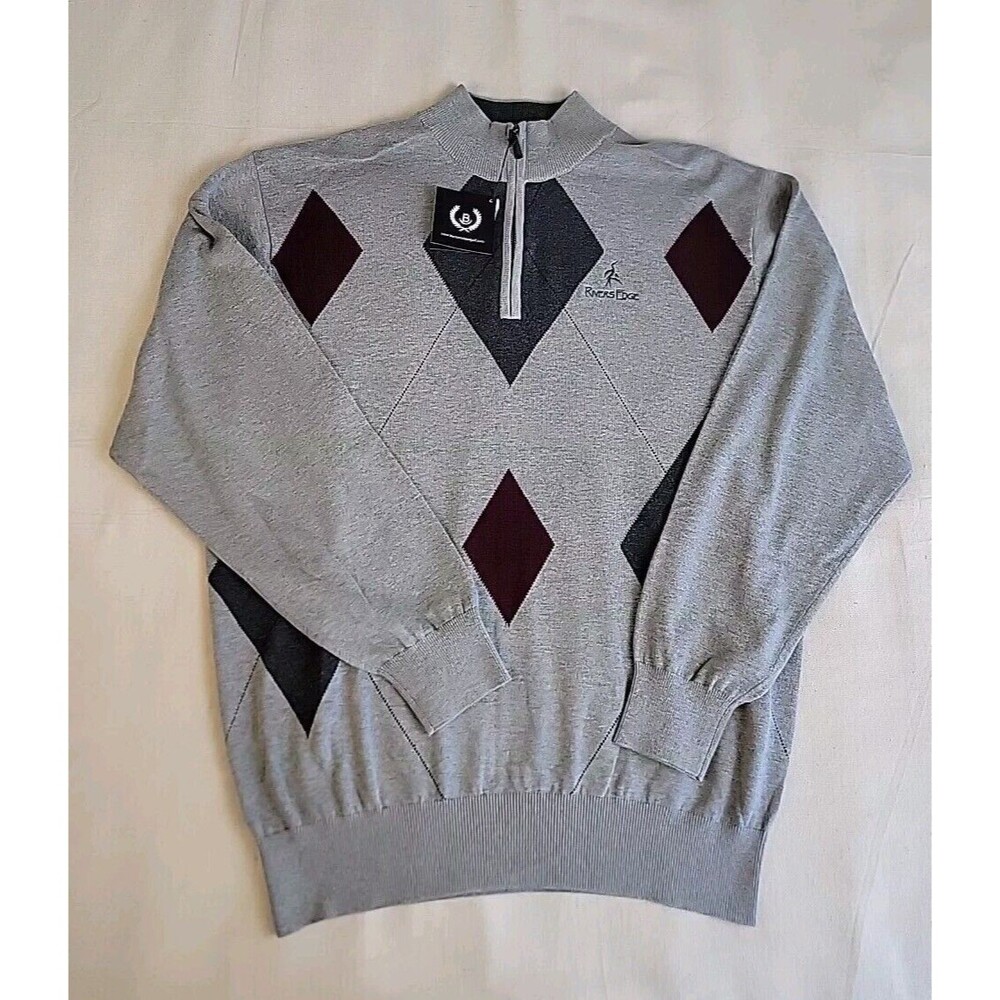 Byron Nelson Argyle Quarter Zip Sweater‎ Mens XL Grey Rivers Edge Pullover NEW